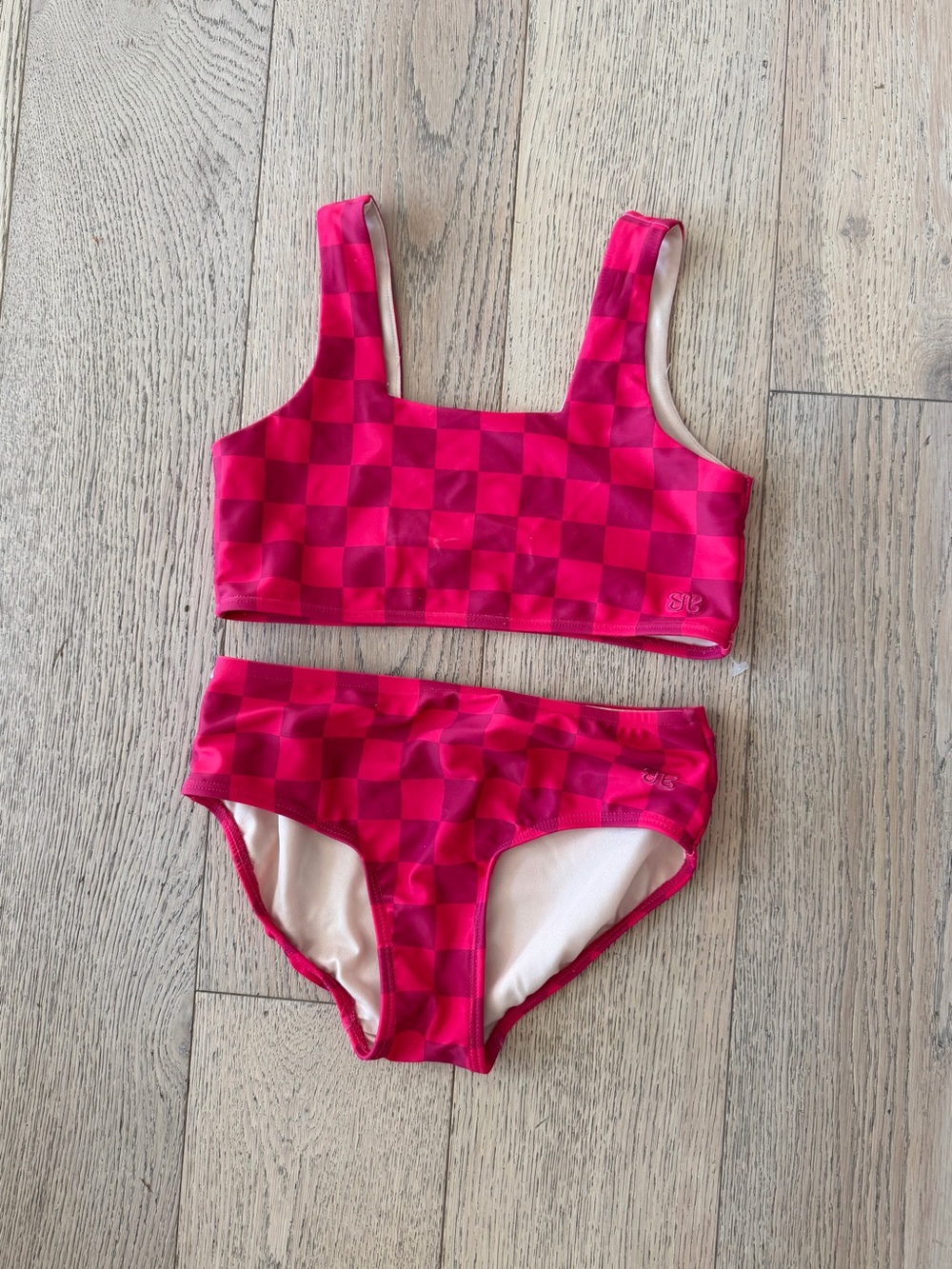 Albion Fit Girls Two-Piece Swimsuit Size 10 Red Pink Checkered Bikini Set